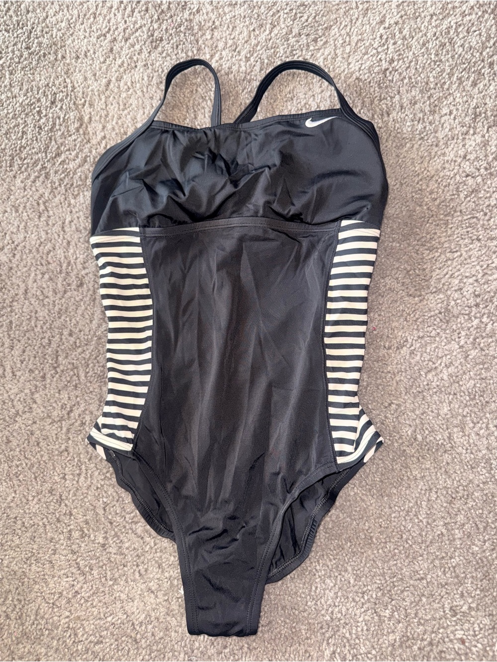 Vintage Nike Black One-Piece Swimsuit with Cream Striped Side Panels
